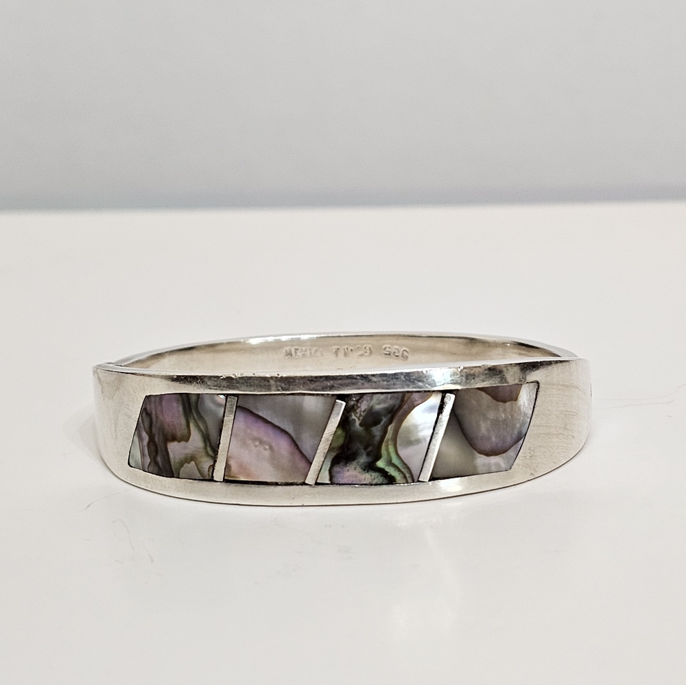 Gorgeous Vintage Abalone Inlaid Hinged Bracelet Sterling Silver! 43.3 Grams - Picture 6 of 9